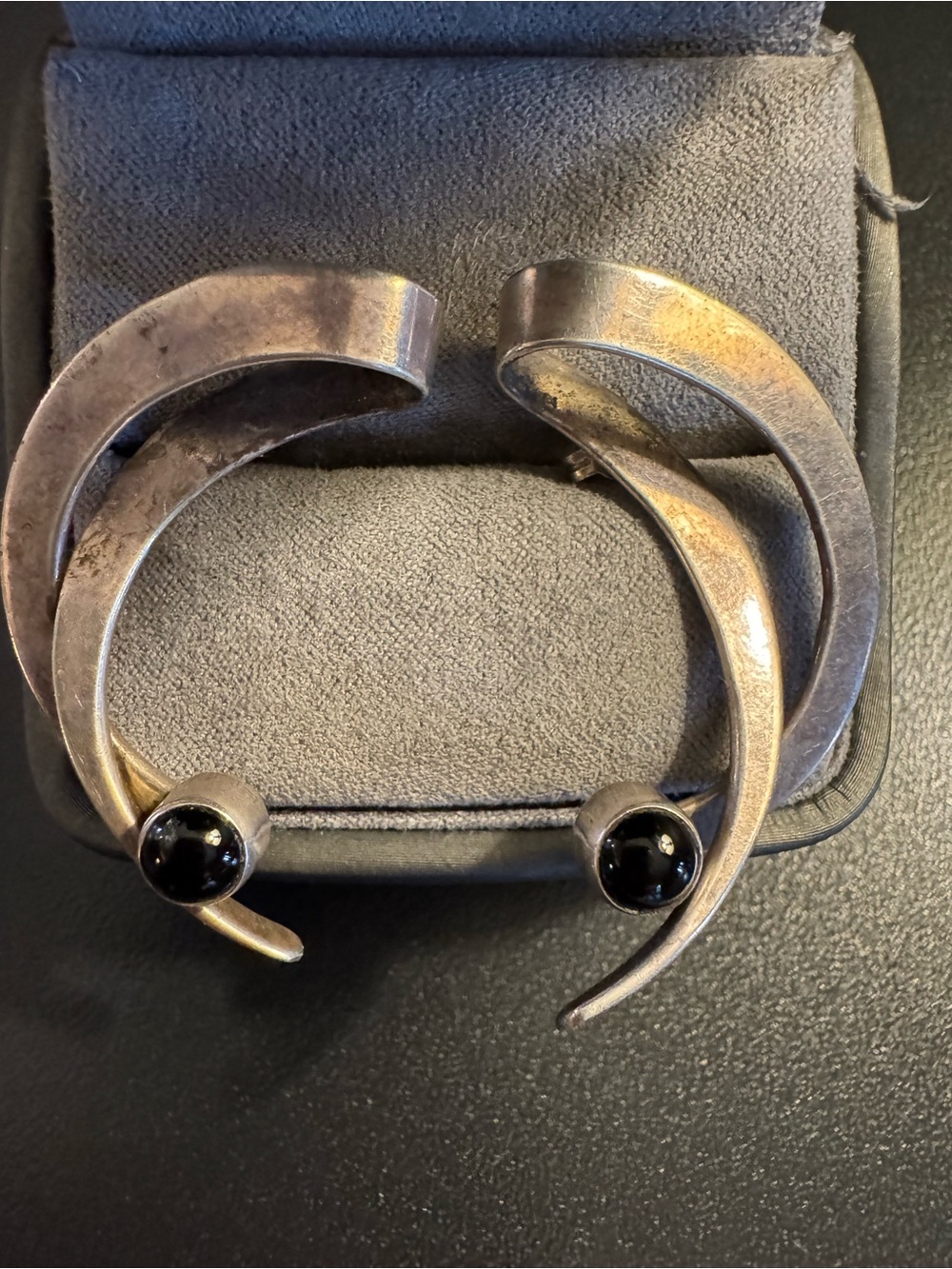 Vintage Sterling Silver Onyx Modernist Crescent Earrings - 2” - 9.78g